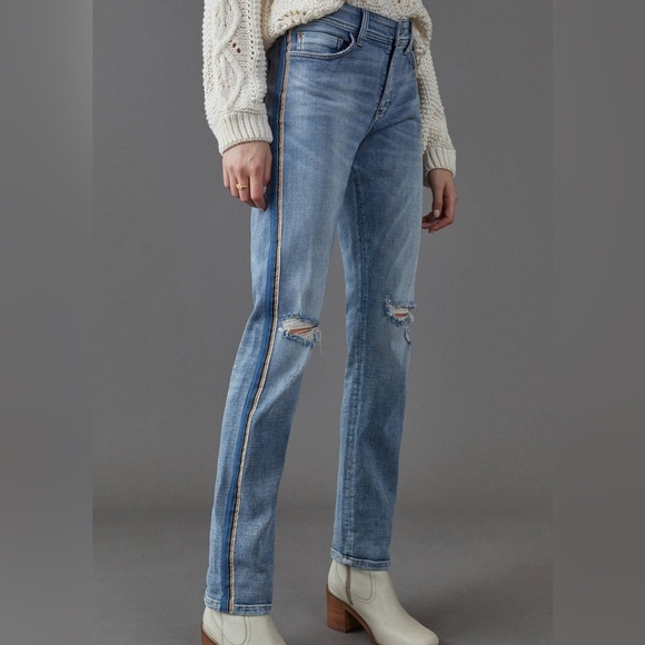 Pilcro Anthropologie Side Stripe Mid-Rise Slim Boyfriend Jeans sz 27 Distressed - Picture 1 of 12